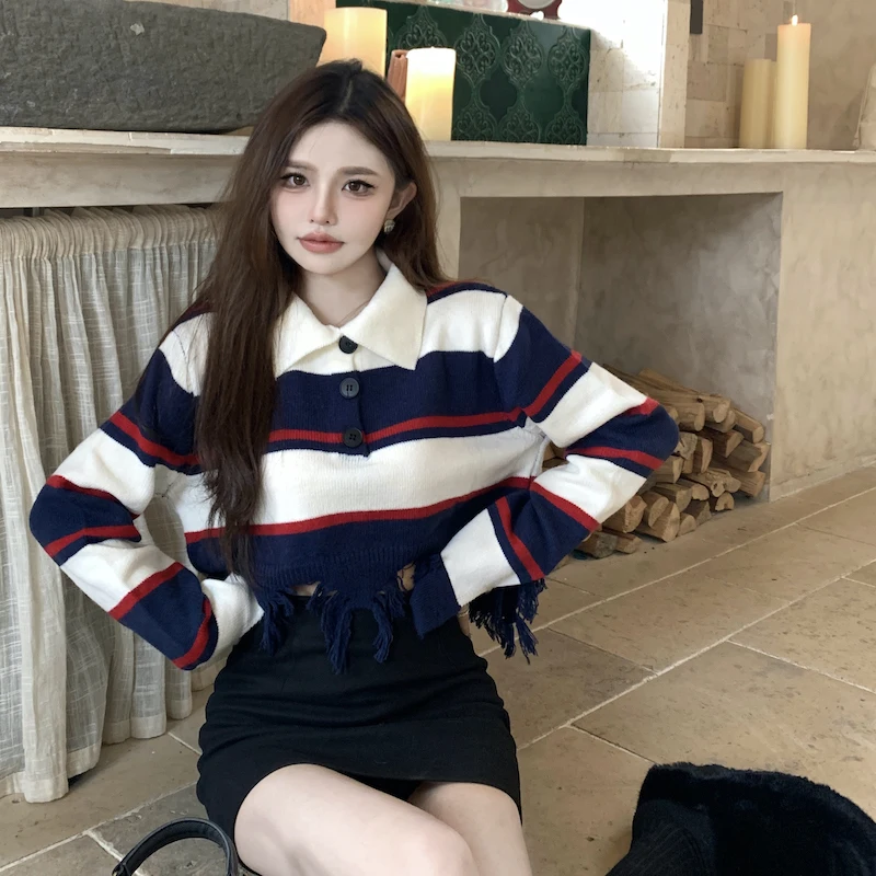

Oversize Sweater Women Fall Winter Casual Korean Edition Vintage Stripe Broken Tassel Team Style Polo Neck Long Sleeve Knitwear
