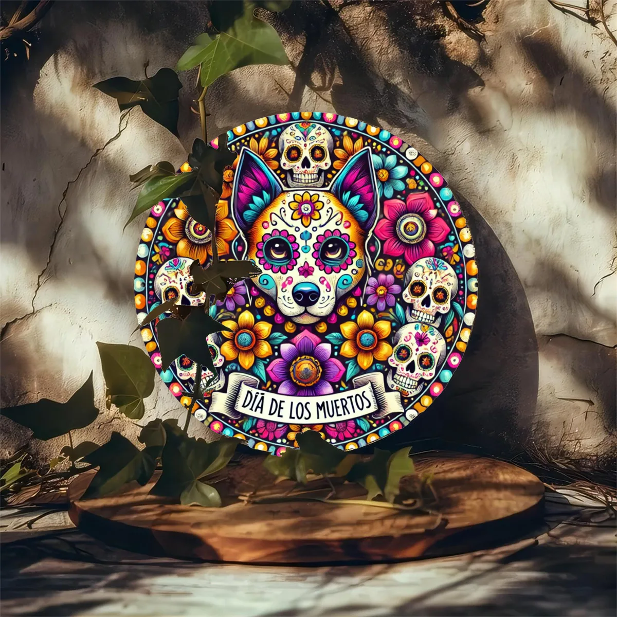 Rundes Holzschild „Day of the Dead“ im Retro-Stil – perfekt für Zuhause, Wand, Tür, Bauernhaus, Bar, Café und Gartendekoration – Detail 8
