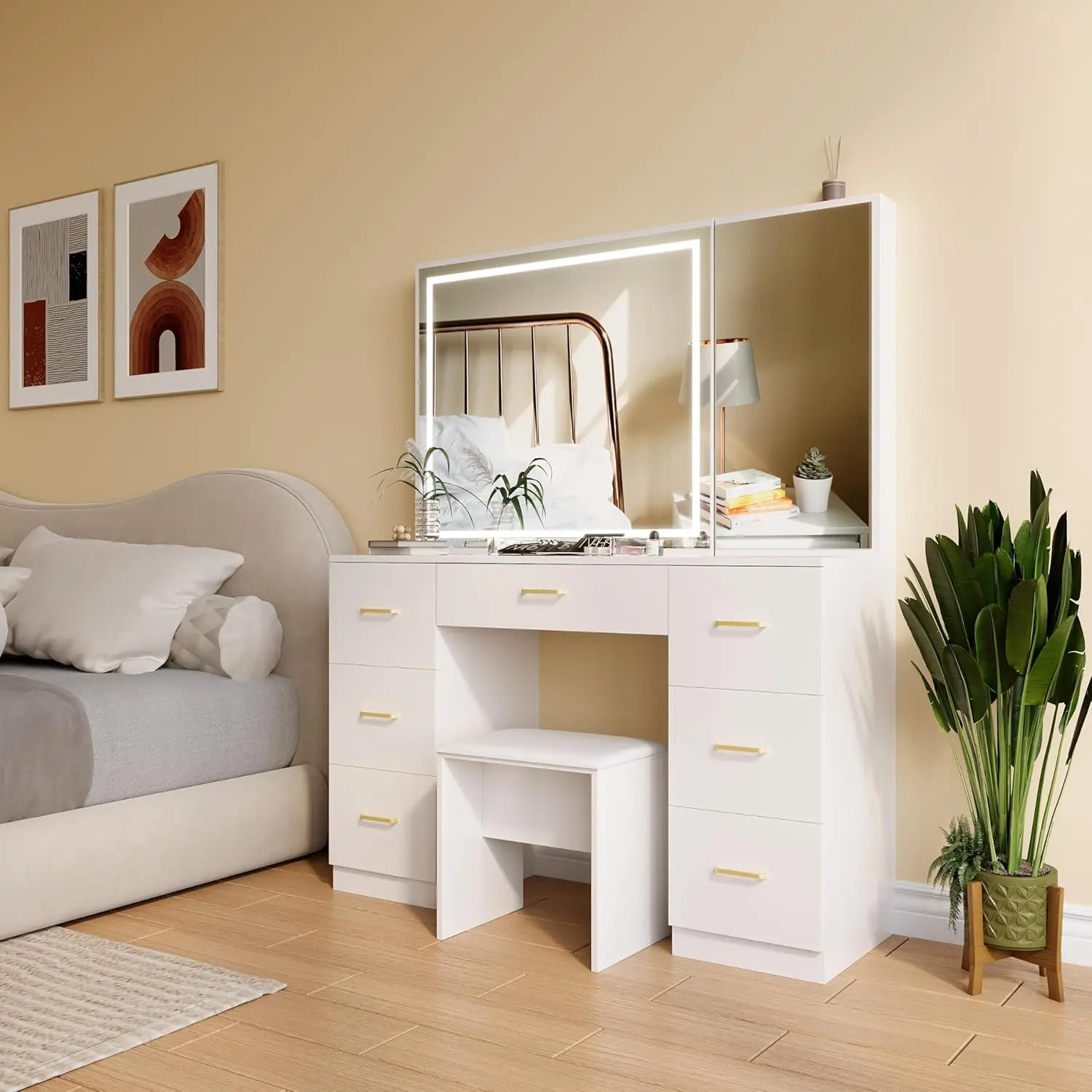 Description Picture 3 of itemLarge Lighted Vanity Desk with Stool, 7-Drawers Makeup Vanity with Mirror, Adjustable Brightness, Bedroom Vanity Set