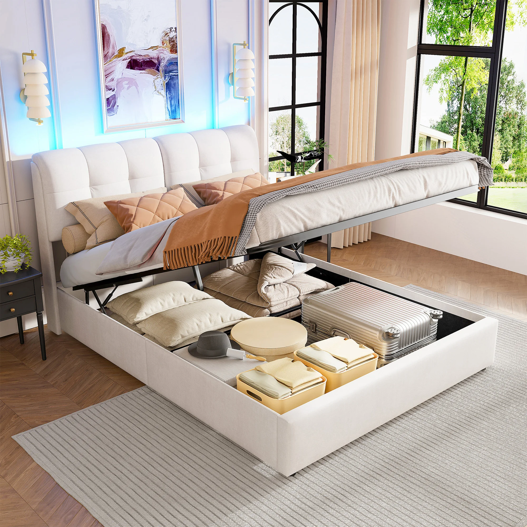 Superaly 140x200cm Gepolstertes Doppelbett, Bettgestell mit Kopfteil und 7-Farben Dekorativer LED-Beleuchtung, Samt, Cremeweiß – Detail 4