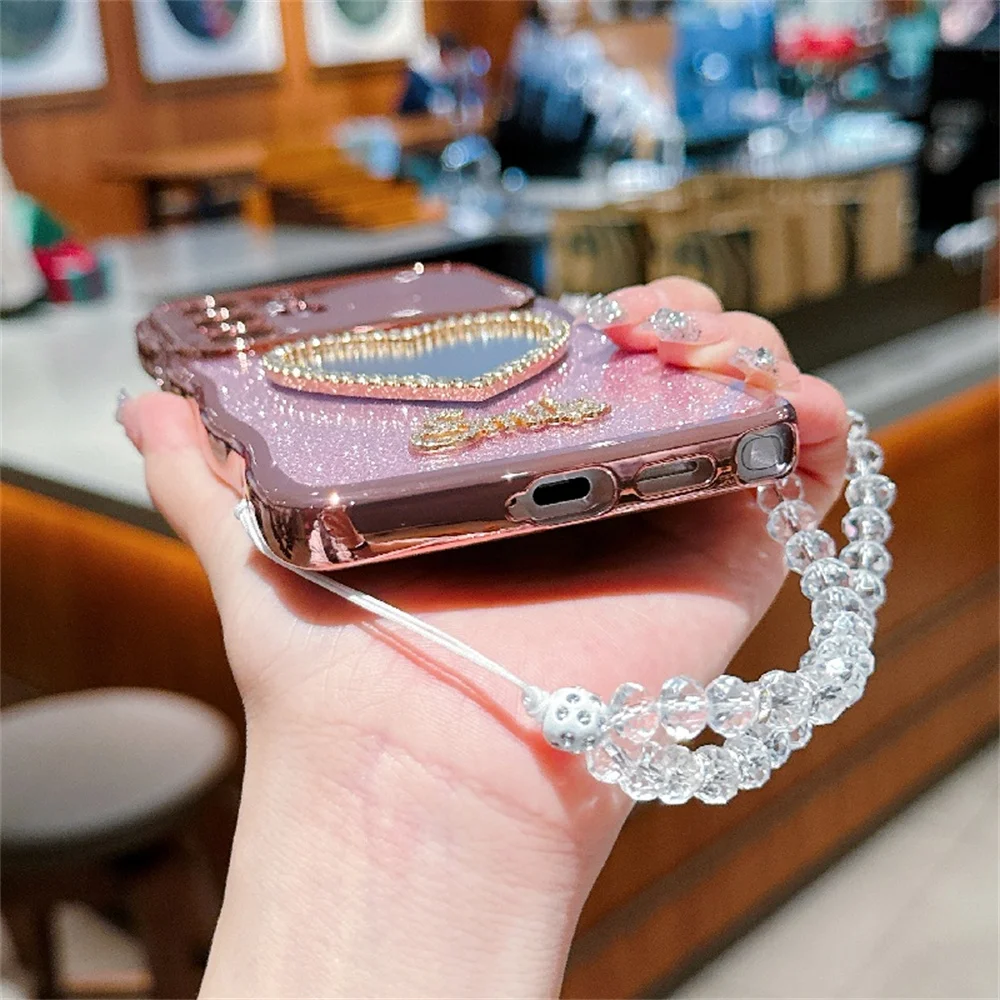 Love Heart Makeup Mirror Shiny Case with Crystal Wrist Chain Cover