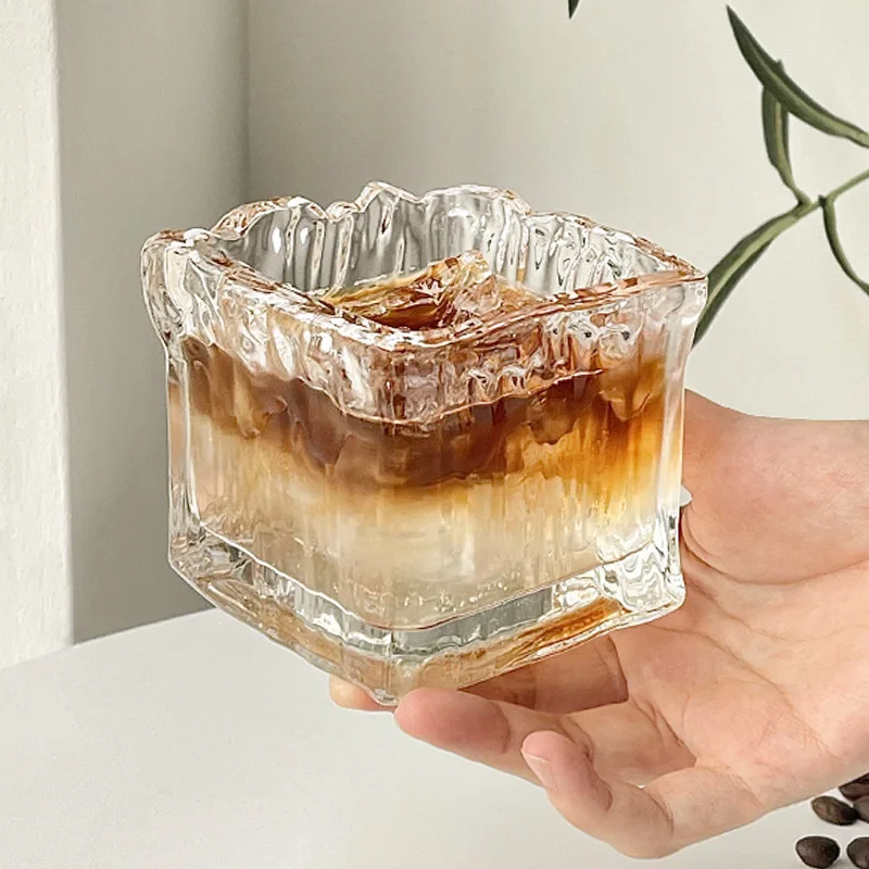 Transparent Luxury Ice Glass Square/Heart Latte Coffee Whiskey Cold Drink Glass Cup Yogurt Mixing Bowl Breakfast Cup Ins Style