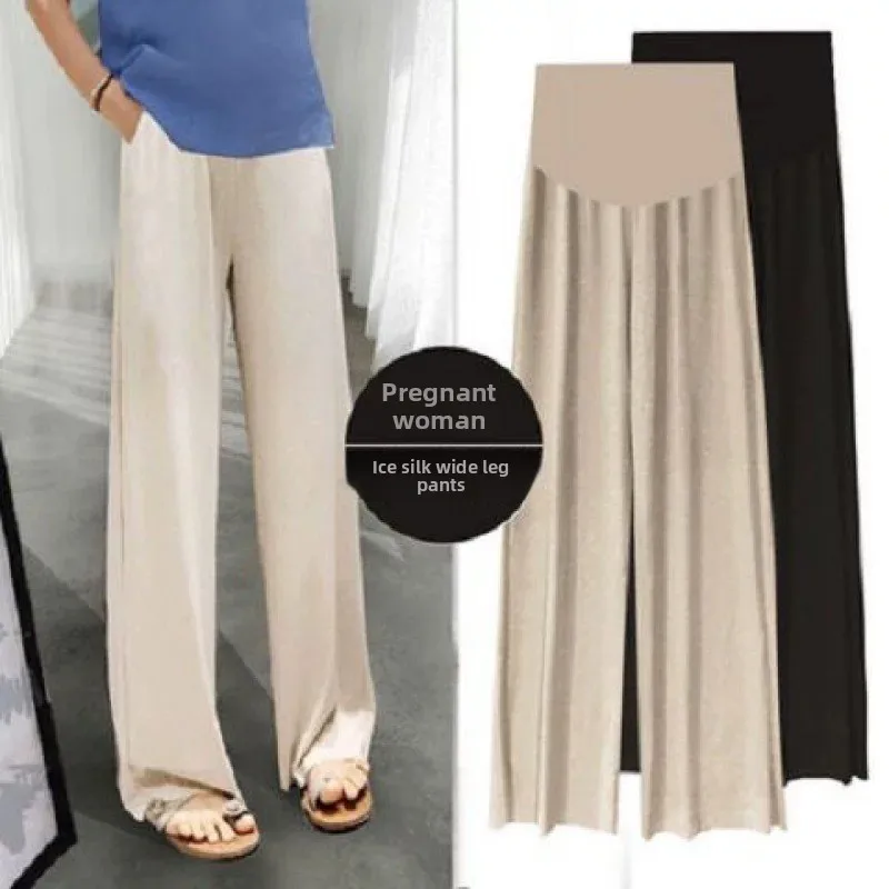 Summer Maternity Wide Leg Pants Ice Silk Cool Loose Pleated Capri Trousers For Pregnant Women