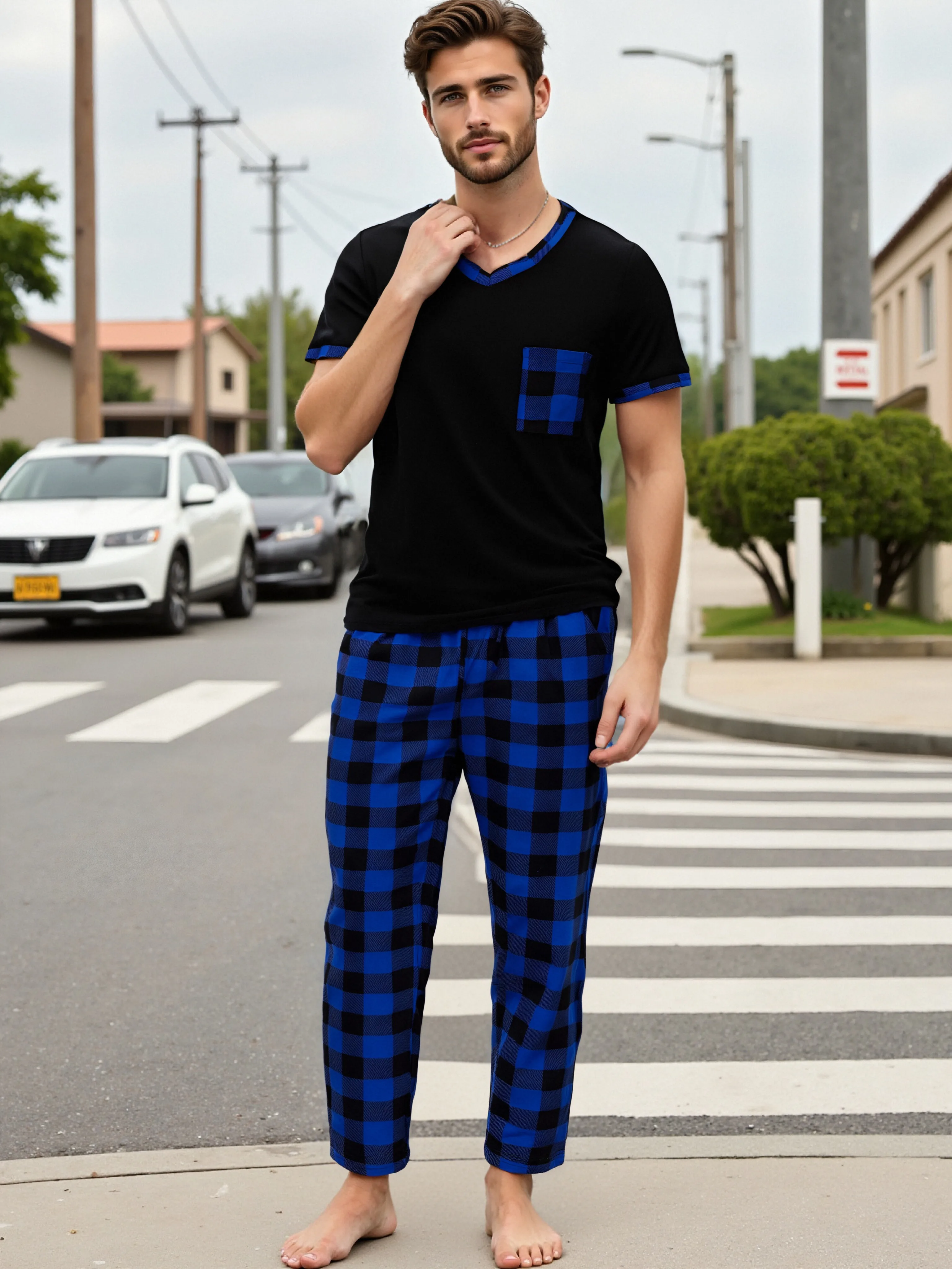 Mens Pajama Sets Short Sleeve Plaid Pajamas for Men Pjs Set Soft Lounge Pants Sleepwear Pj Pants with Pockets Drawstring