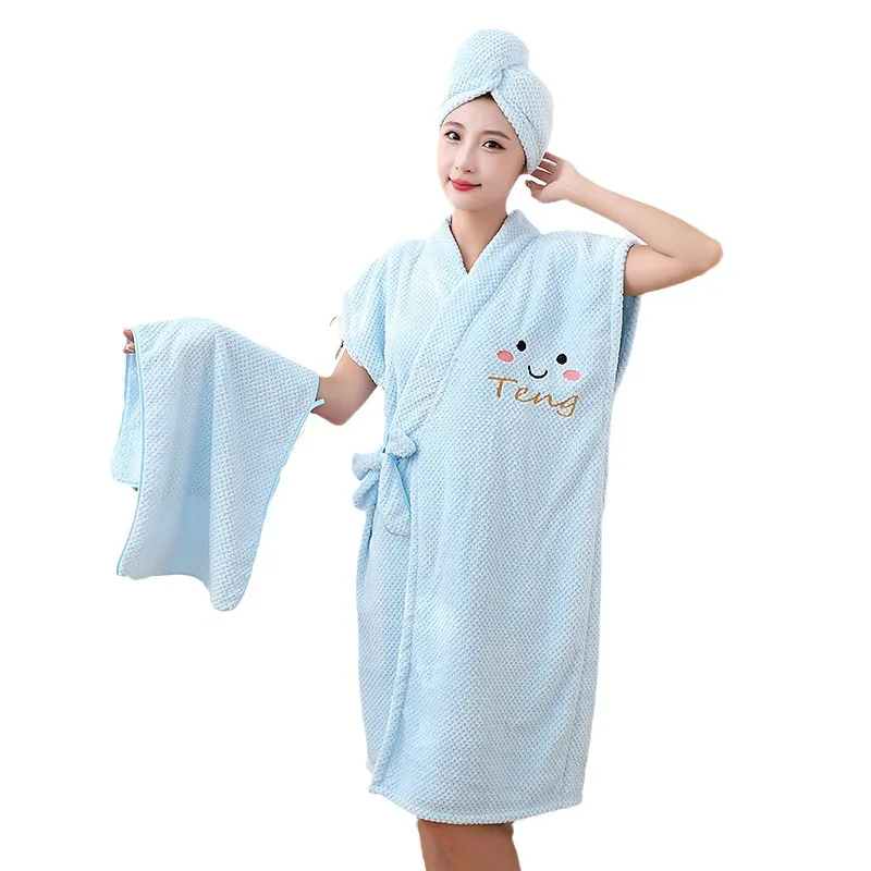 Pineapple Bathrobe Women's Thickened Household Cross Tie Bathing Skirt Towel Dry Hair Hat Wearable Bathtowel Coral Velvet 4