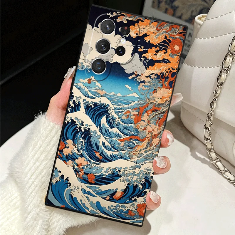 Soft Silicone Phone Case with Japanese Wave Kanagawa Surfing Design