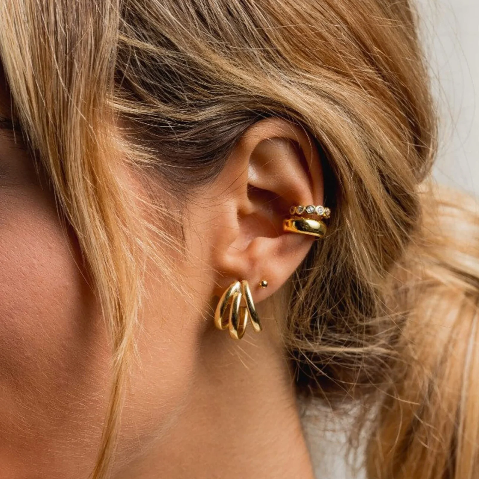 Triple Hoop Stud Earrings for Women 925 Silver 14K Gold Plated Rose Sensitive Girls Ears