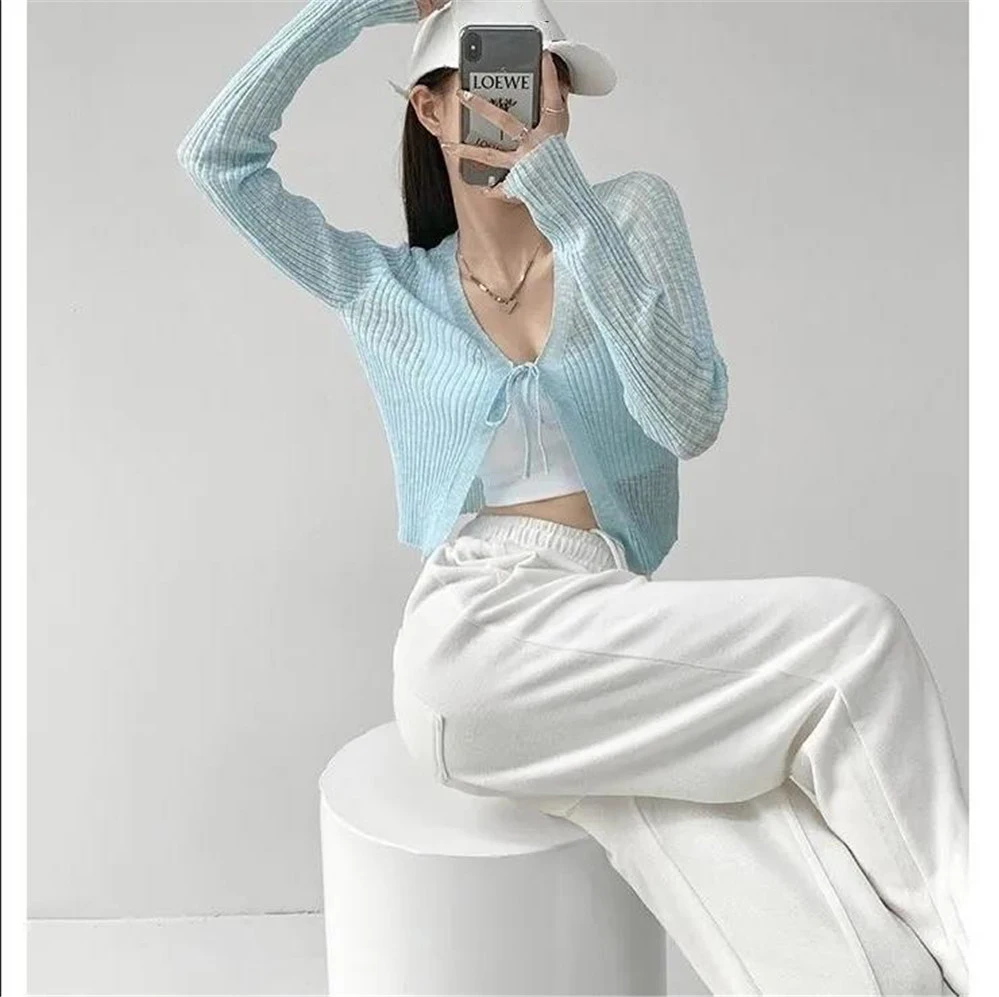 여성용 긴팔 얇은 자외선 차단 재킷, 시스루 가디건, V넥 레이스 업 니트 가디건 상의, 여름 신상