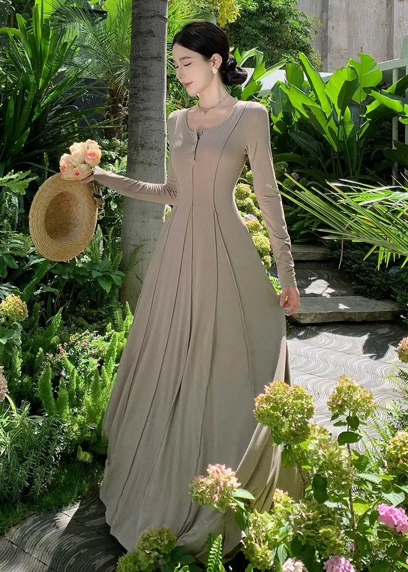 Casual Knitted Dresses for Women Long Sleeves Square Collar A-line Autumn Maxi Dress Korean Fashion Solid Vestidos Mujer New