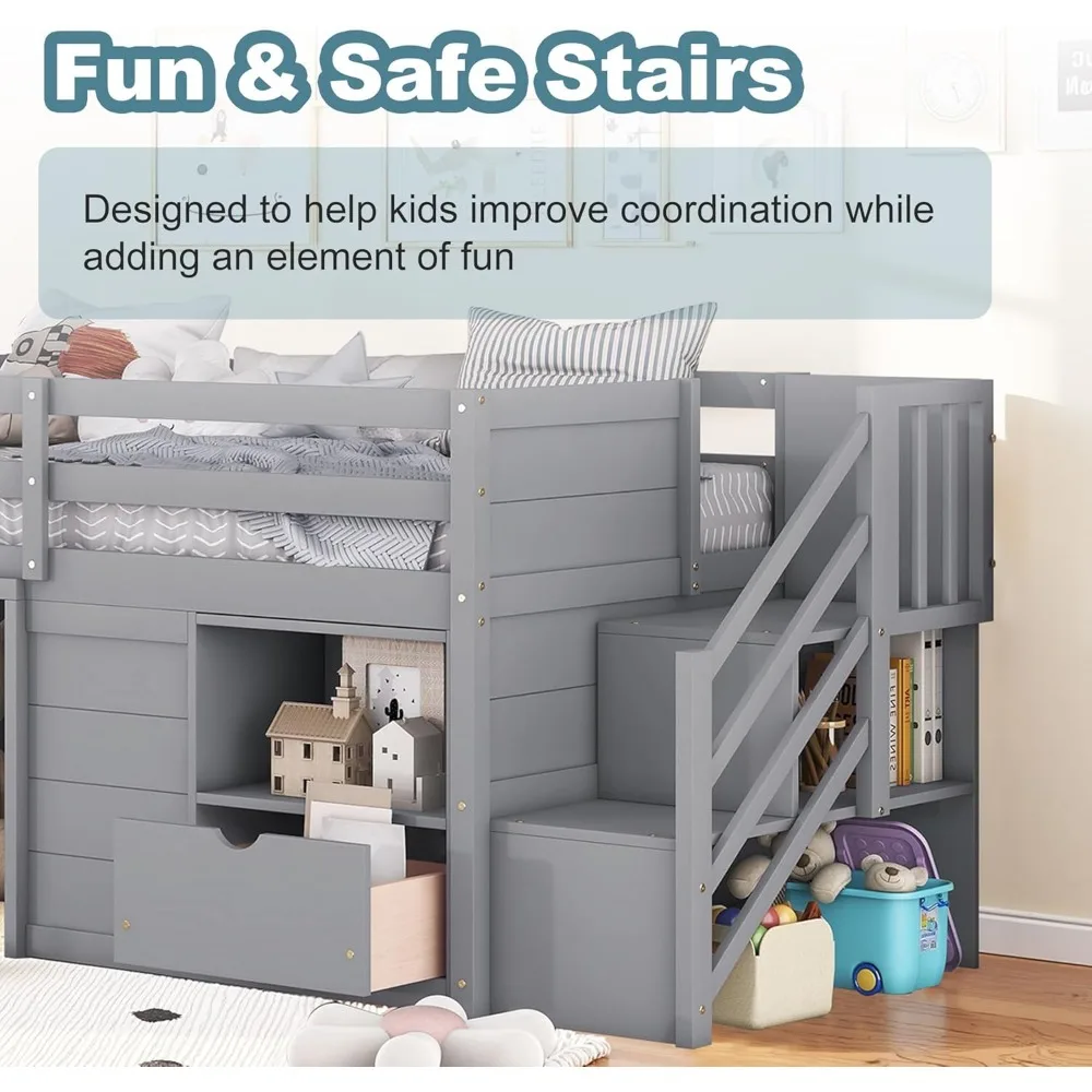 Children Beds, Twin Size Low Loft Bed with Playhouse Loft Bed Frame with Drawer, Stairs and Safety Guardrail for Teens 3