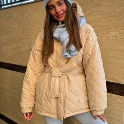 Women Elegant Tie Belt Cotton Jackets Female Ladies Casual Loose  Hooded Parkas Women Fashion Solid Thick Short Coats