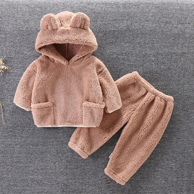2Piece Autumn Winter Kids Clothes Girl Boys Outfit Sets Fleece Warm Cute Hooded Tops + Pants Baby Luxury Boutique Clothing