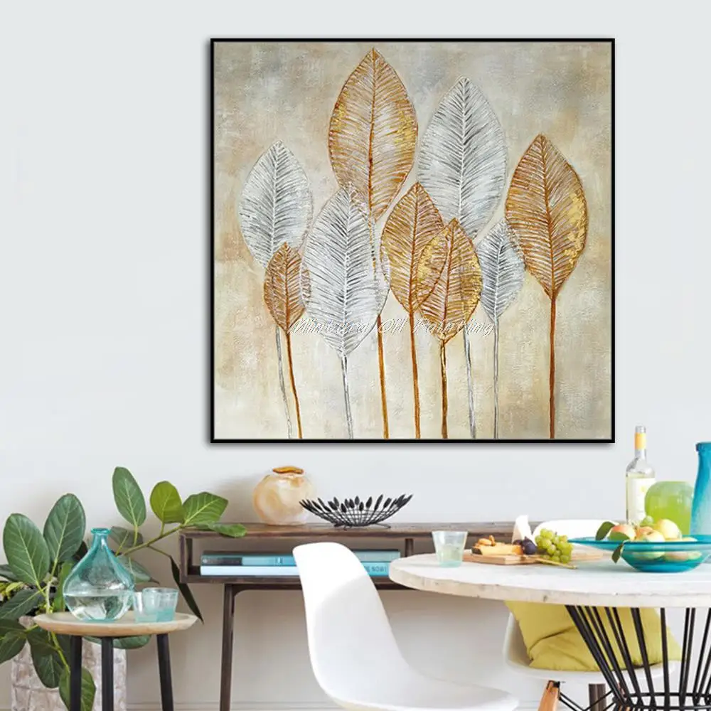 

Настенная картина Mintura для гостиной, картины маслом на холсте, домашний декор, ручная роспись растений, рисование золотыми и белыми листьями, настенное искусство