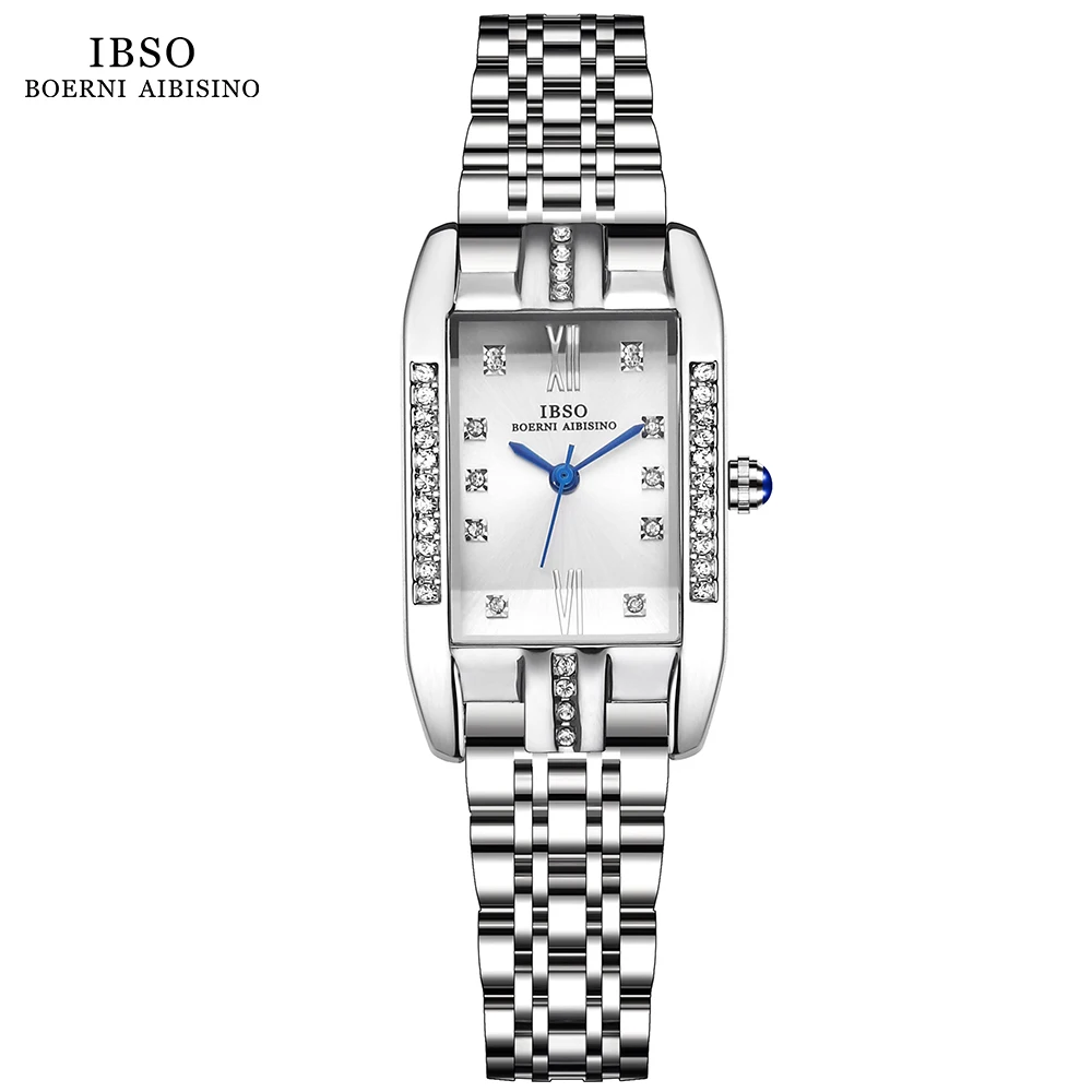 IBSO 9298 Rectangle New Women Quartz Watches Luxury Stainless Steel Strap 3ATM Waterproof Fashion Watch Ladies Full Zircon Dial
