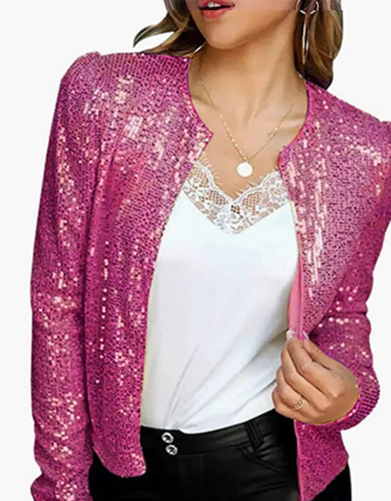 

2024 women's Fashion Stand-Up Collar Coats Ladies Solid Color Sequins Jacket Short Section Of Casual Versatile Small Jacket