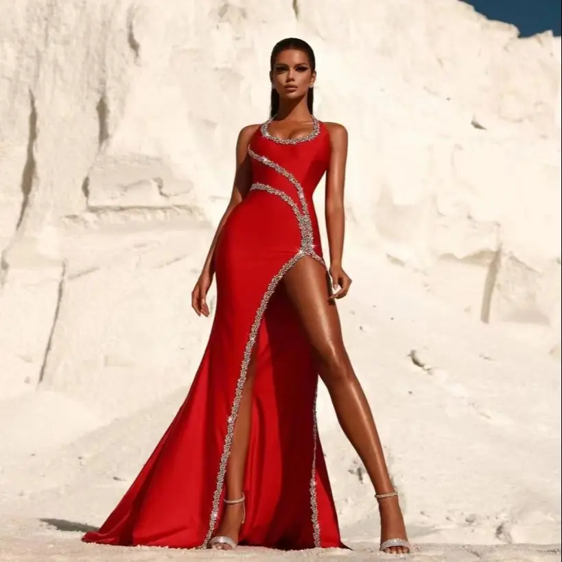 

High Quality Shining Diamonds High Sleeveless Long Dress Red Carpet Woman Evening Dress Stage Performance Costume