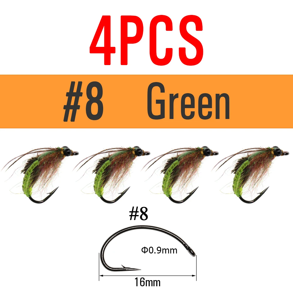 1 ICERIO 6PCS UV Green Back Nymphs Scud Bug Worm Flies With Barbed