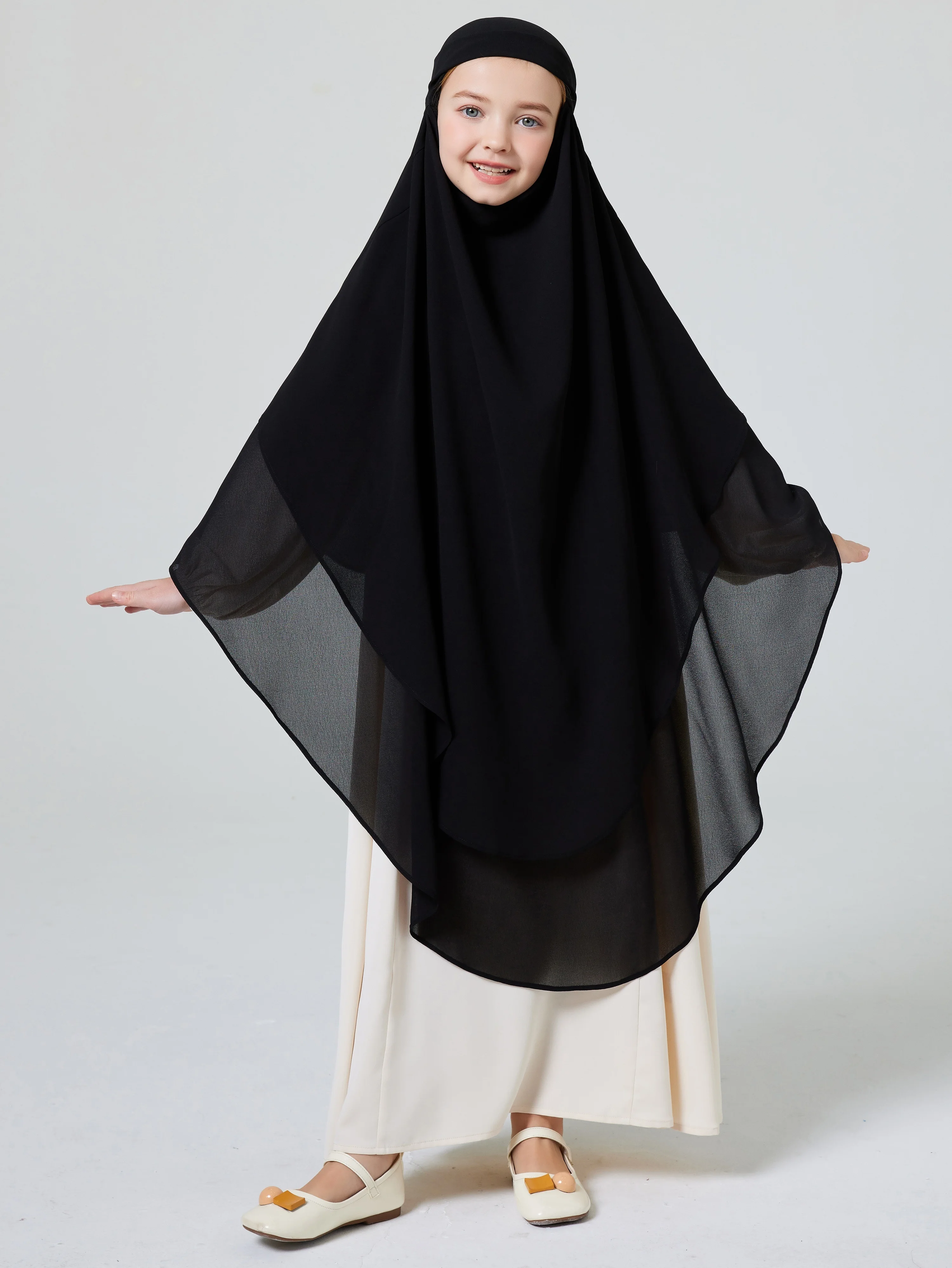 Ramadan Middle Eastern Muslim Girls Hijab Button Front and Back Double Chiffon Big Circle Swing Khimar