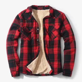 Men Plaid Shirts Coat Autumn Winter Fleece Shirt Jacket Casual Turn-Down Collar Long Sleeve Loose Shirt 1