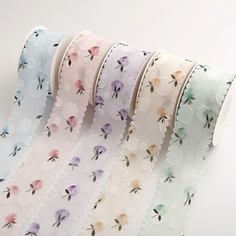 

2Yards Width 38MM Polyester Silver Wire Fruit Pattern Organza Ribbon Wedding Party Decoration Gift Bouquet Wrap