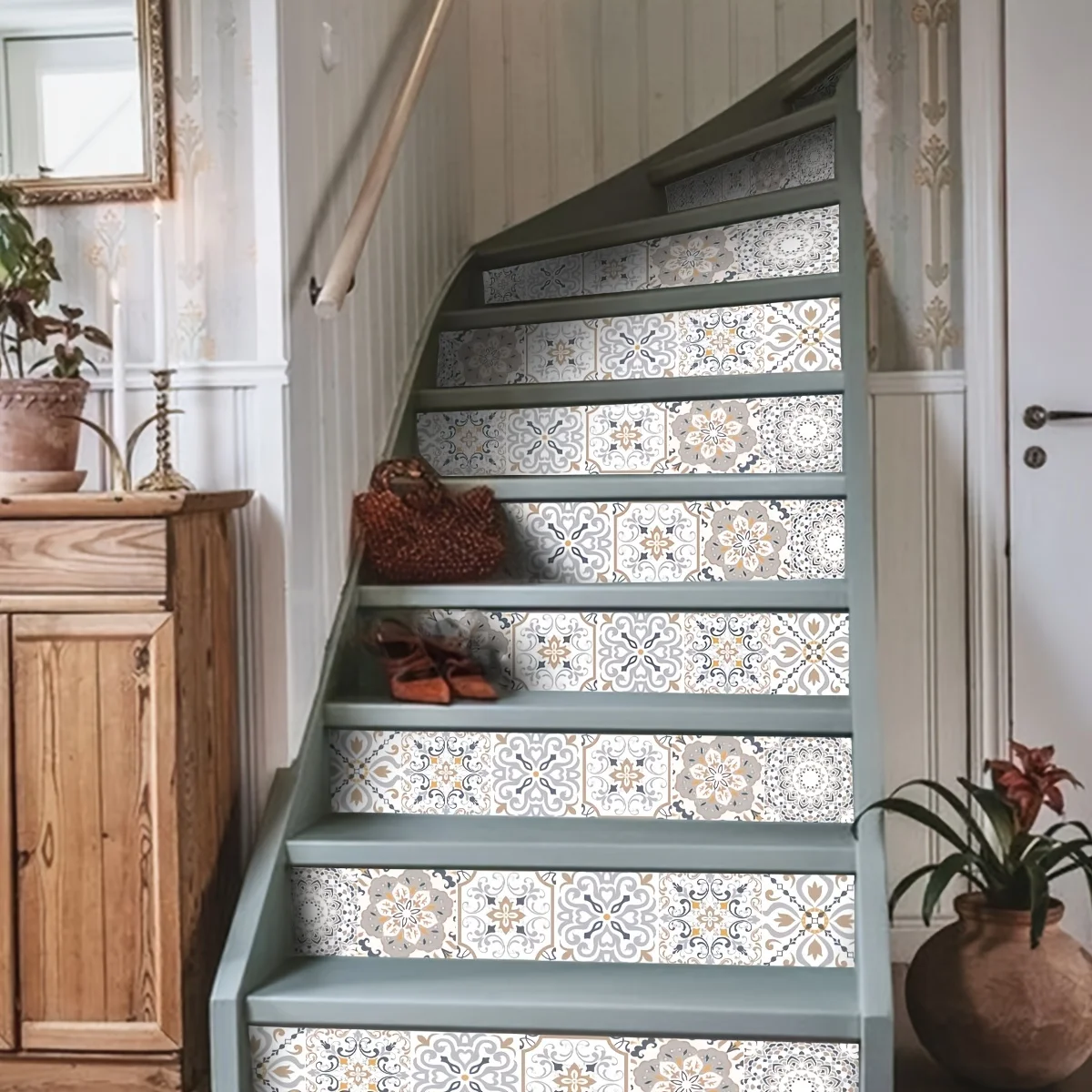 1 volume bohemian print staircase stickers self-adhesive waterproof home decor wallpaper living room bedroom study removable thi