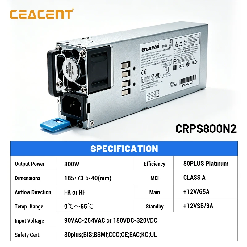 오리지널 그레이트 월 GW-CRPS800 800W 서버 전원 공급 장치 모듈 80Plus 플래티넘 핫 스왑 CRPS 교체용 PSU (2U 랙 서버용)