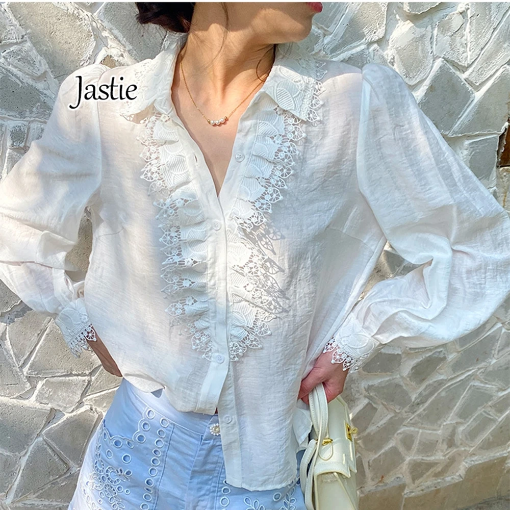 

Jastie 2024 Spring Summer White Shirt Women's Long Sleeve Lapel Pleated Ruffle Embroidered Lace French Shirt Commuter Blouse