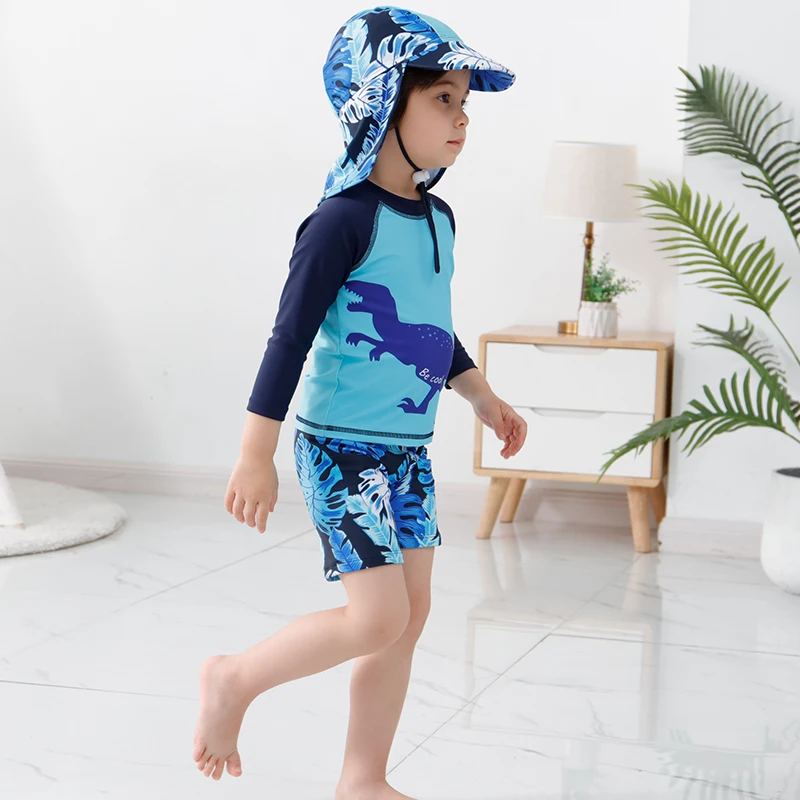 2-16 Y Children's One Piece Swimsuit Blue Dinosaur Set with Swimwear Cap Boys Summer Beachwear