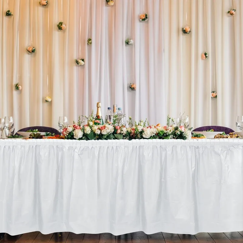 White Plastic Table Skirt 14 Feet X 29 Inch Rectangle Tables Table Skirts Disposable Cover for Birthday Baby Shower Party