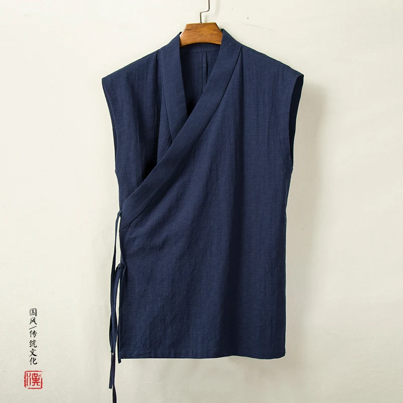 

Chinese Traditional Clothing Hanfu Vest Men Linen Cotton Sleeveless Top Men's Tang Suit Kimono Cardigan Men's Slit Top