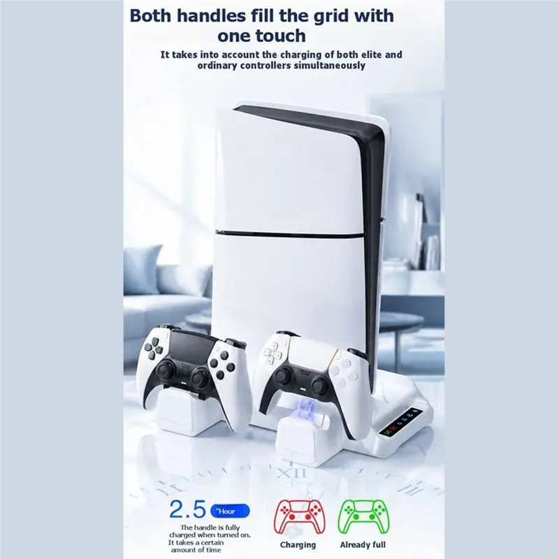 PS5 슬림/PS5 프로용 충전 스테이션, 헤드폰 걸이가 있는 냉각 스탠드, LED 컨트롤러, 3단계 냉각 팬