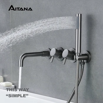 ก๊อกน้ําในห้องน้ําทองเหลืองสีเทาปืนหรูหราเรียบง่ายพร้อมการออกแบบผนังและเครื่องผสมอ่างอาบน้ําแบบด้ามจับคู่สําหรับน้ําร้อนและน้ําเย็น 1