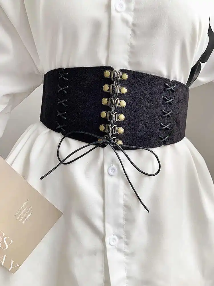 European and American style suede velvet strap waist cincher women's vintage hundred match dress wide waist belt fashion stretch womens dress belt