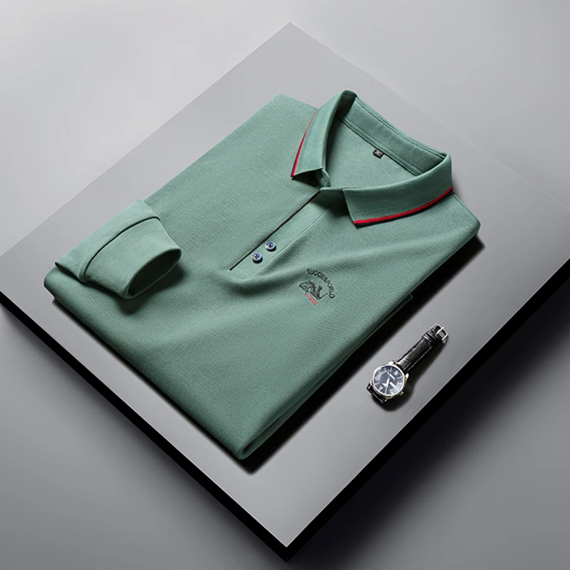 

T-shirts Pure Color Men's Business Polo Printing 100%Cotton Spring Autumn Embroidery Long Sleeve Fashion Korean Luxury Lapel New