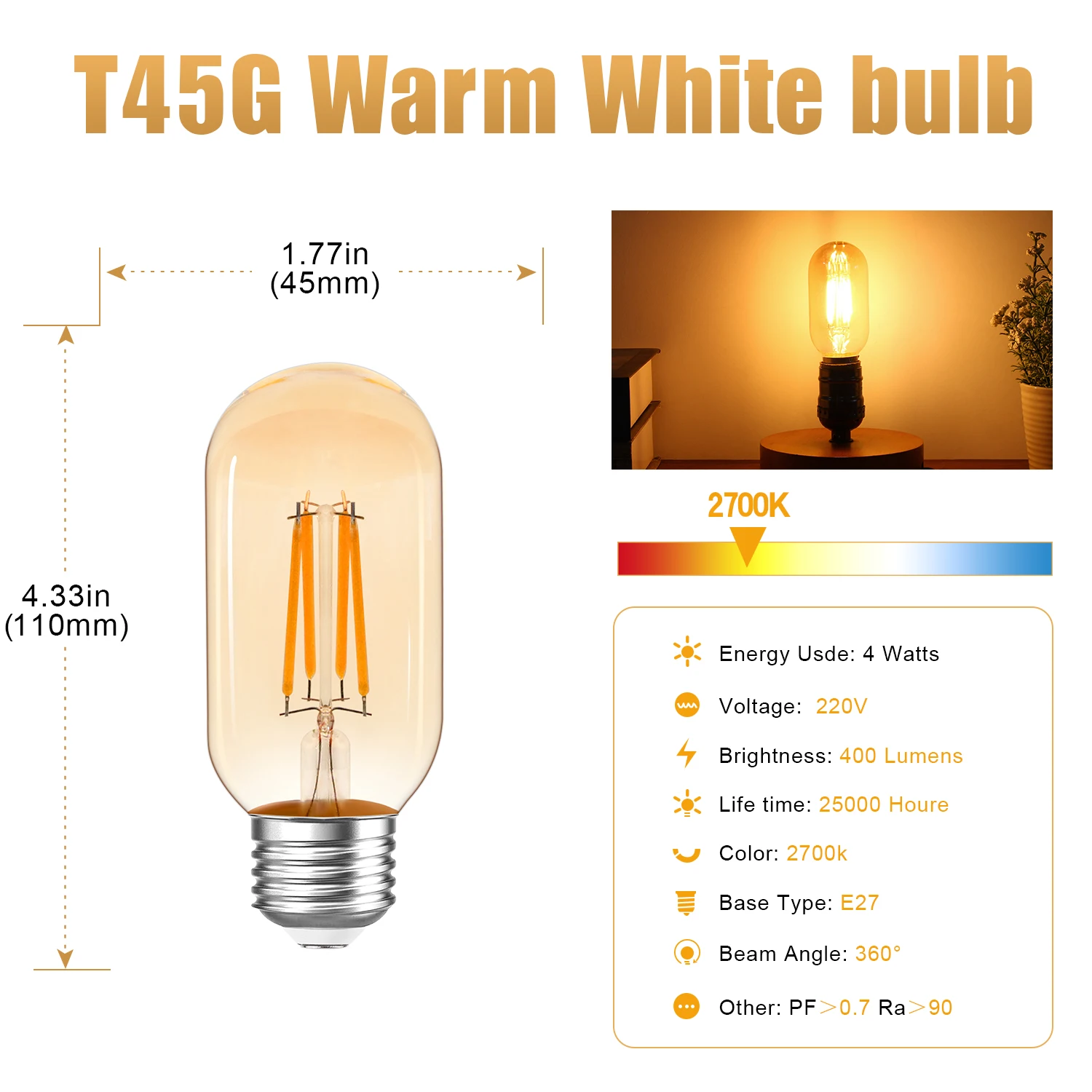 Description Picture 4 of item6PCS Vintage Edison LED Filament Light Bulb 4W E27 T45 40W Equal Tubular Bulbs Chandelier Replacement Bulb Christmas Decoration