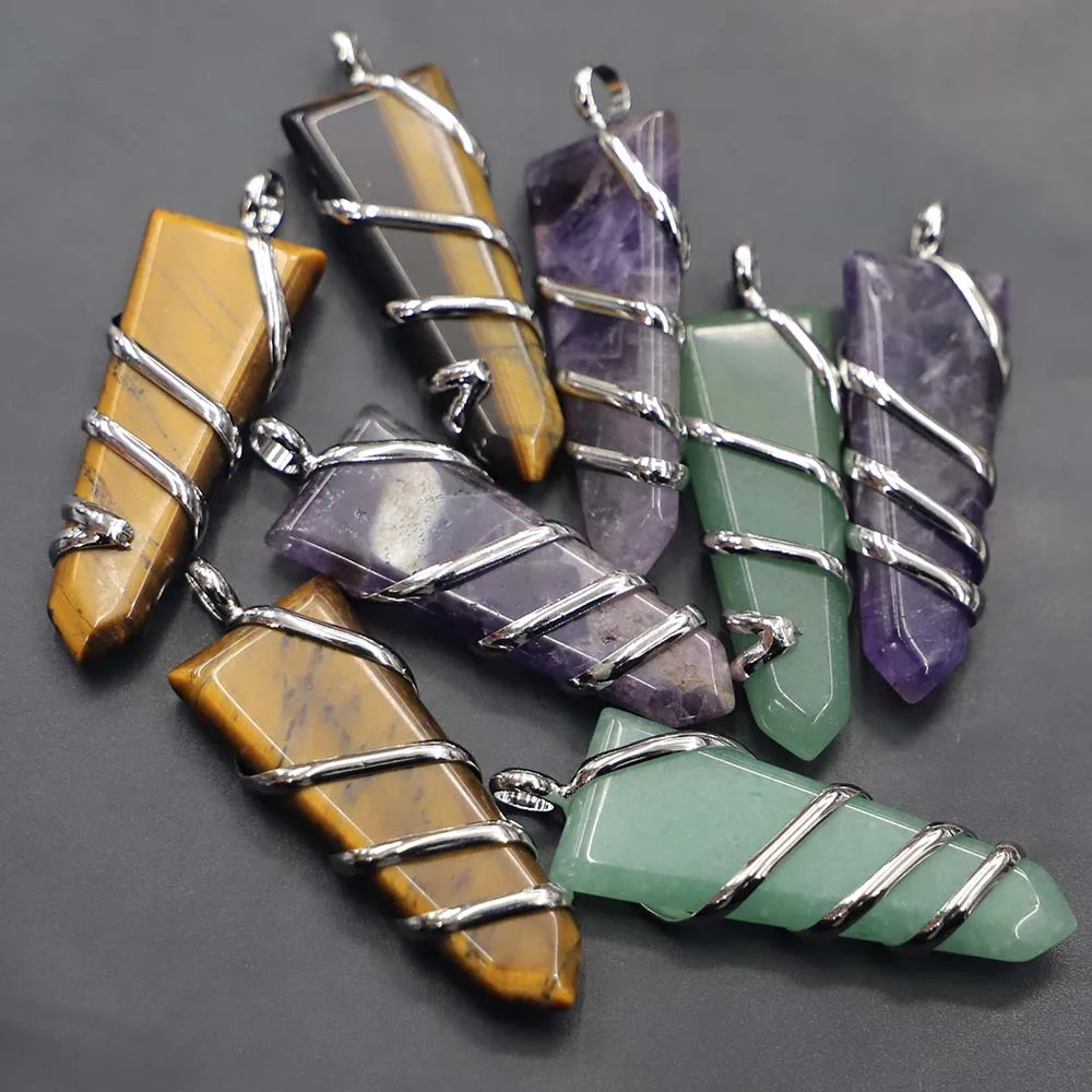 Fashion Natural Stone Multicolor Multilateral Wire Arrow Necklace Pendant Mineral Cure Charms Jewelry Accessories Wholesale 4Pcs