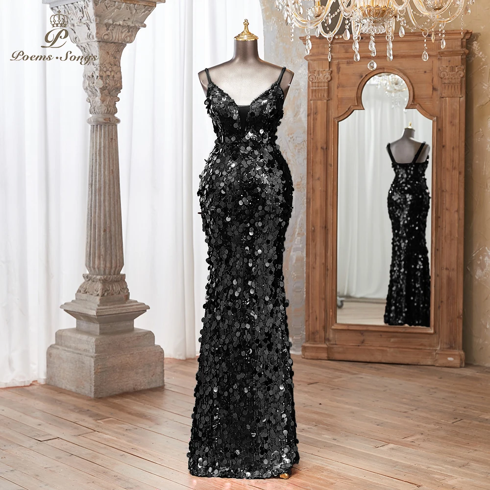 Elegant Black Sequins Mermaid Evening Dress Black Evening Gown Y6486 main image 1