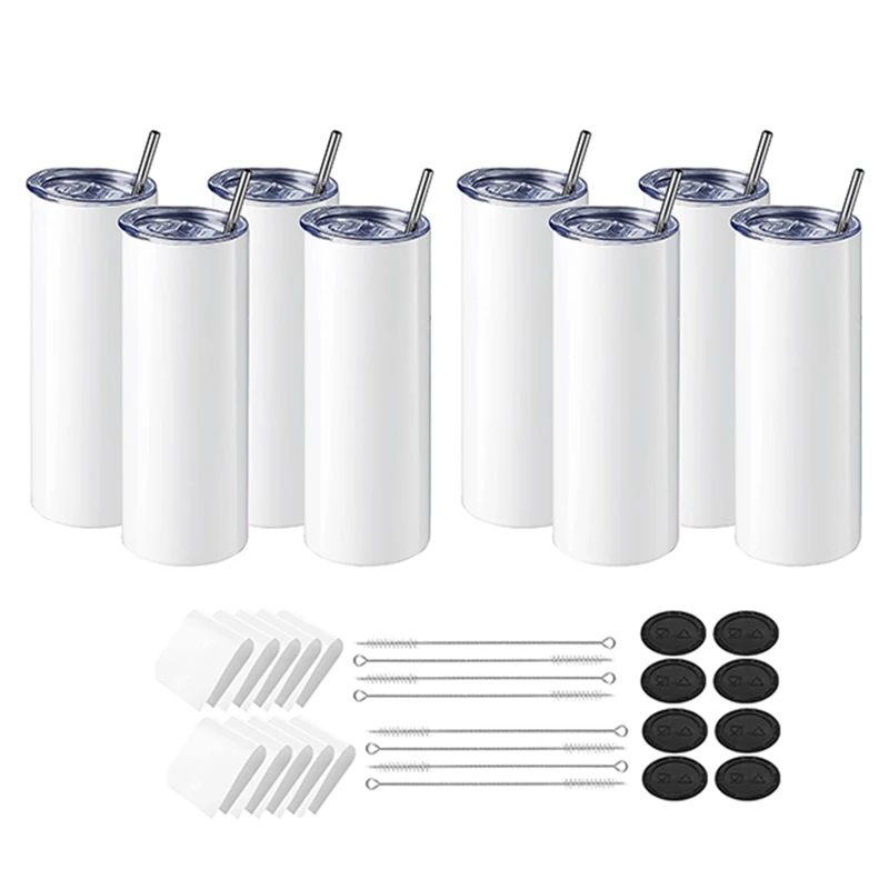 

8Pack Blank Stainless Steel Tumblers 20Oz Straight Skinny With Sublimation Papers, Lids And Straws For Tumbler Press Machine