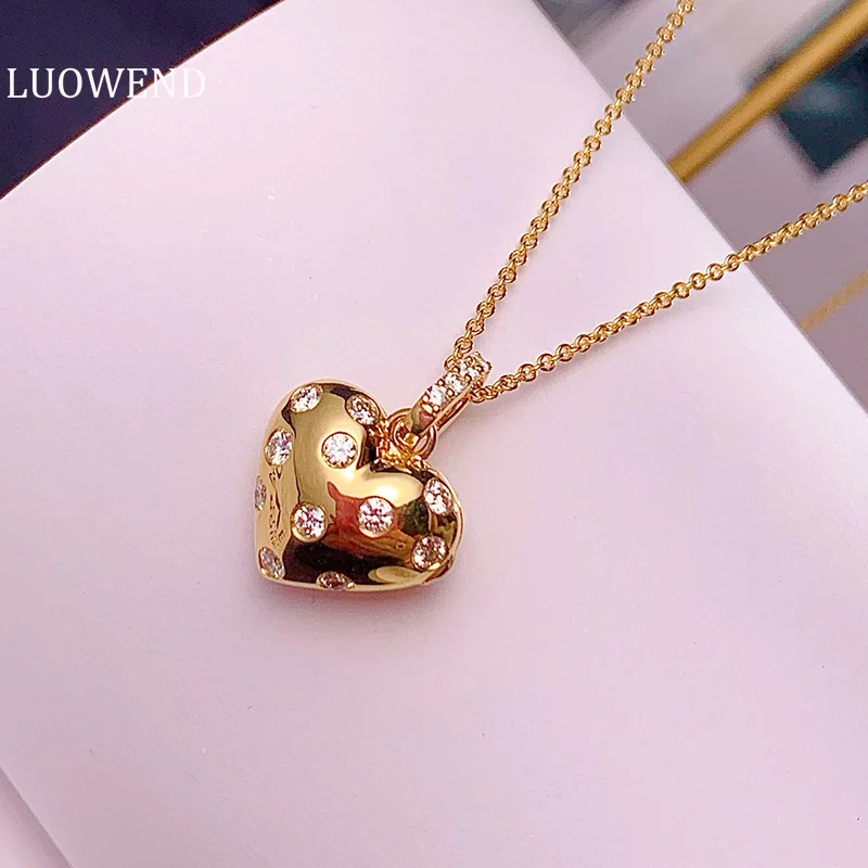 LUOWEND 18K Solid Yellow Gold Necklace Real Diamond Pendant Necklace and Earrings Shiny Heart Shape Wedding Jewelry for Women 500pc 1 5inch hot stamping red heart shape labels sealing tag for wedding pretty gift cards envelope sealing label stickers