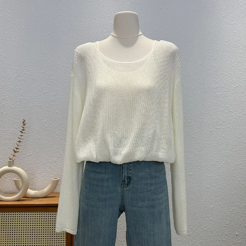 Hollow Out Long Sleeve Thin Knit Blouse 2026 New Summer Sun Protection Cover Up Cami Figure-Flattering Two Piece Set Top
