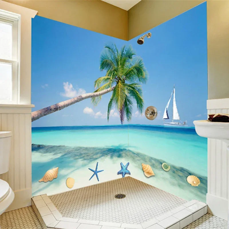 Modern Simple 3D Beach Coconut Palm Mural Wallpaper Bathroom Background Wall Sticker PVC Waterproof Self Adhesive Wallpaper Roll paul horn live at palm beach casino cannes 1980 lp