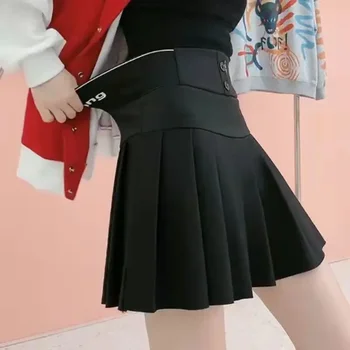 하라주쿠 단추 레터 프린트 플리츠 스커트, 신축성 하이 웨이스트, A라인 미니 스커트, 한국 골프 패션, 학교 여성 스커트