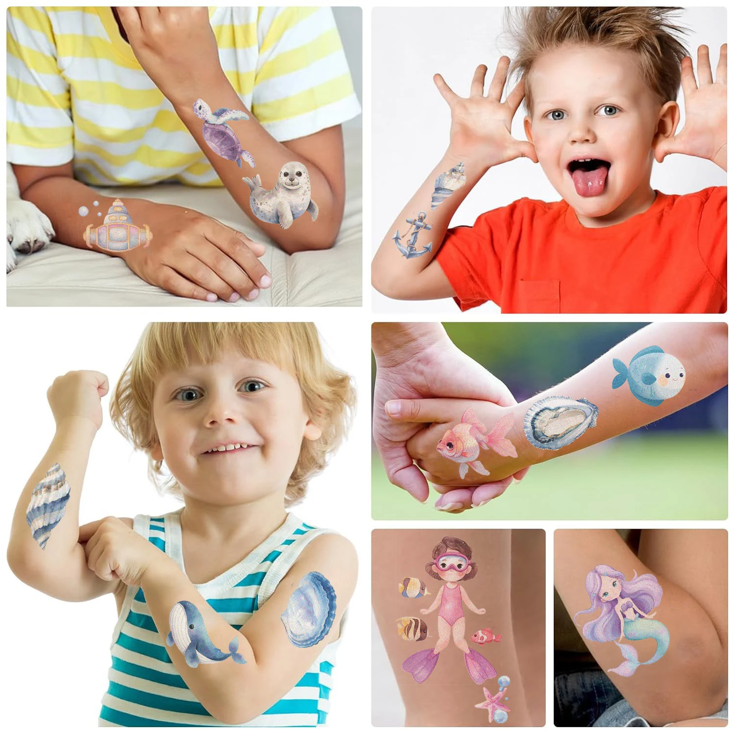 10 Sheets/Set Marine Animals Underwater World Temporary Tattoos For Kids Fake Waterproof Tattoo Sticker Cartoon Body Art Tatoos