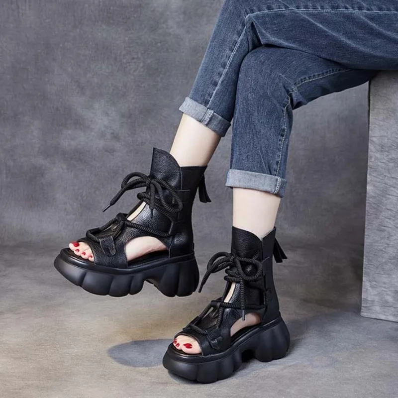 2024 New chunky Summer Women sandals Shoes Platform Sandals Genuine Leather Lace-Up Retro Sewing Handmade Concise Ladies Sandals