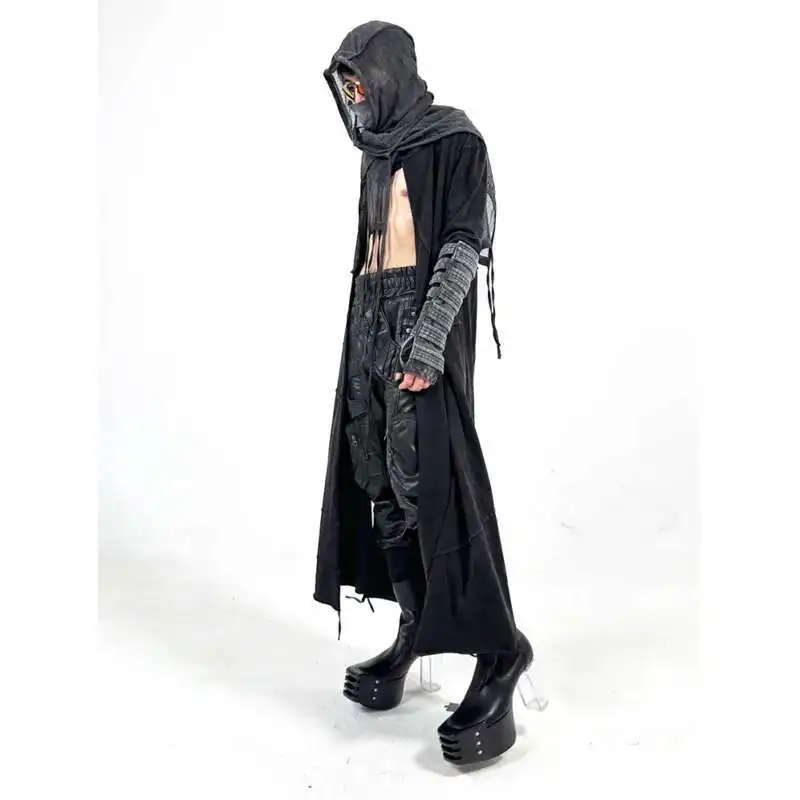 HKSH Men Waste Land Sand Vintage Washed Long Hooded Cape Hanging Vertical Cut Windbreaker Bottom T-shirt Long Sleeve Tees HK4376