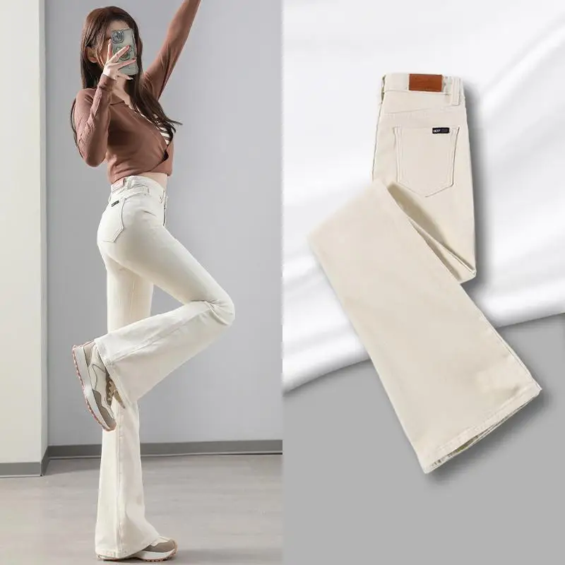 

Streetwear Fashion Women Flare Jeans Spring Autumn High Waist Full Length Pants Button Off-white Office Casual Wide Leg Trousers