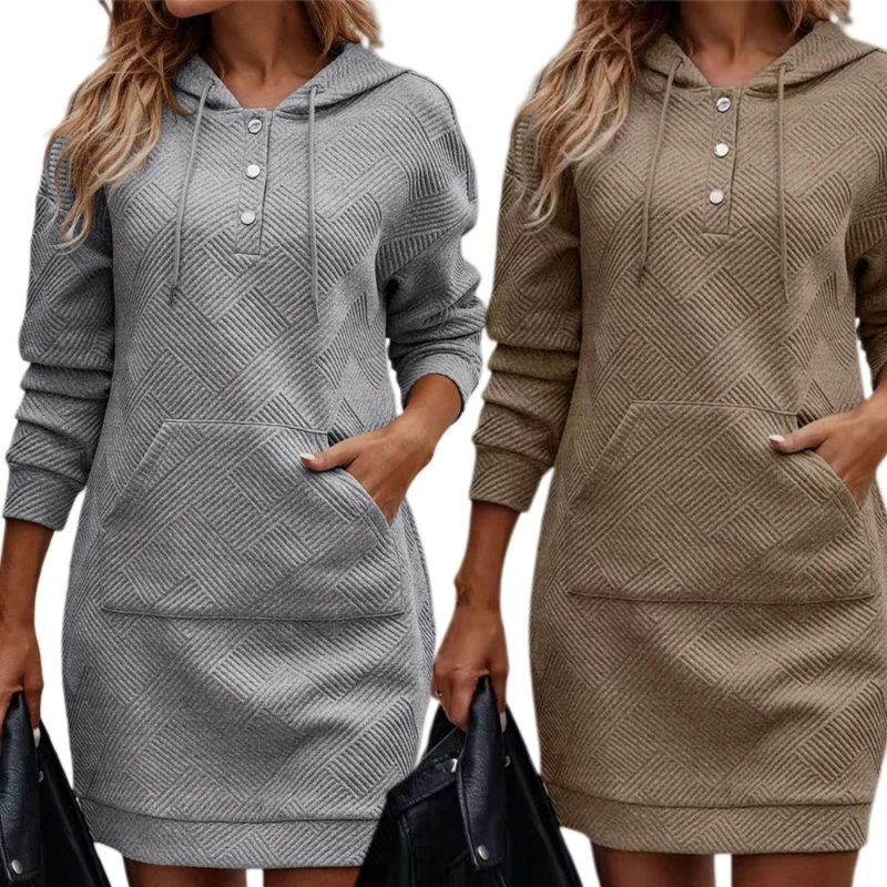 Women's Long Hoodie Sweatshirt Solid Color Button Down Tunics Dress Casual Long Sleeve Pullover Hoodie Dress with Dropship