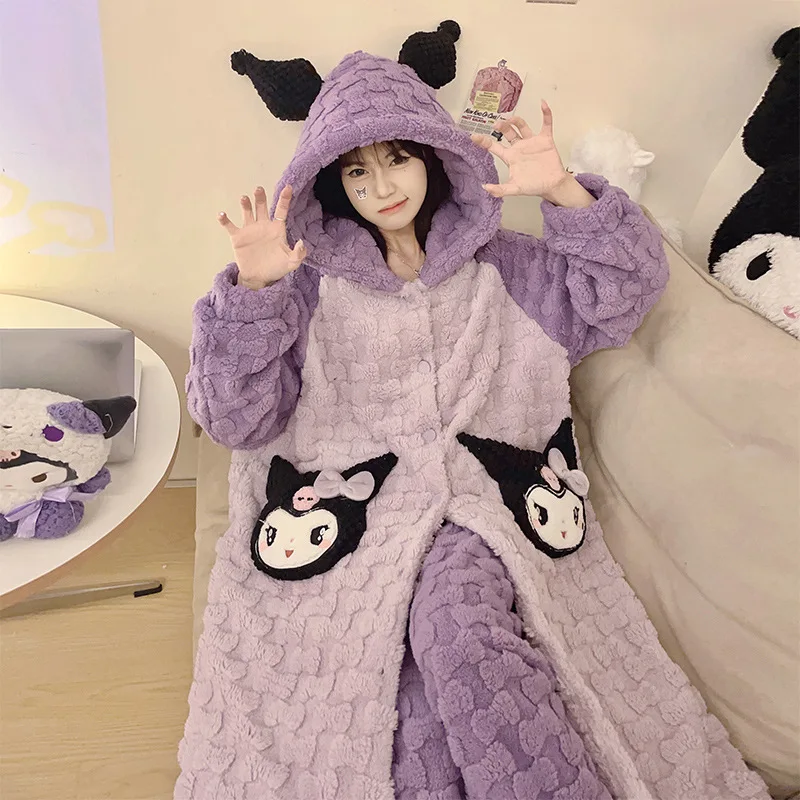 

Kuromi Thicken Nightgown Sanrio Kawaii Anime Cinnamoroll My Melody Flannel Bathrobe Homewear Set Sweet Cute Clothes Gift for Kid