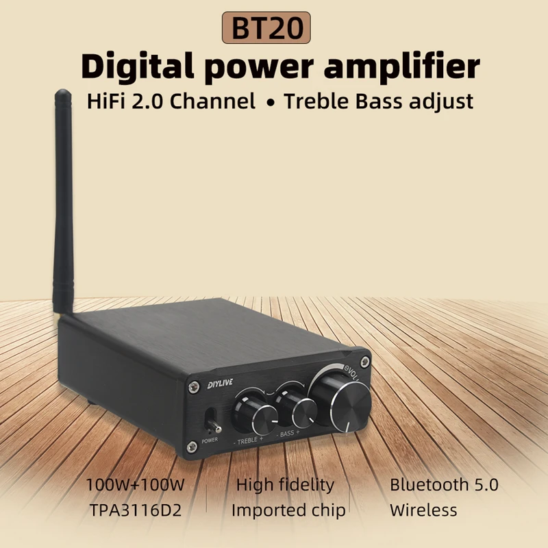 HiFi 2.0 풀 디지털 오디오 전력 증폭기 TPA3116D2 100W*2 Bluetooth 5.0 음색 고음 및 저음 조정 BT20
