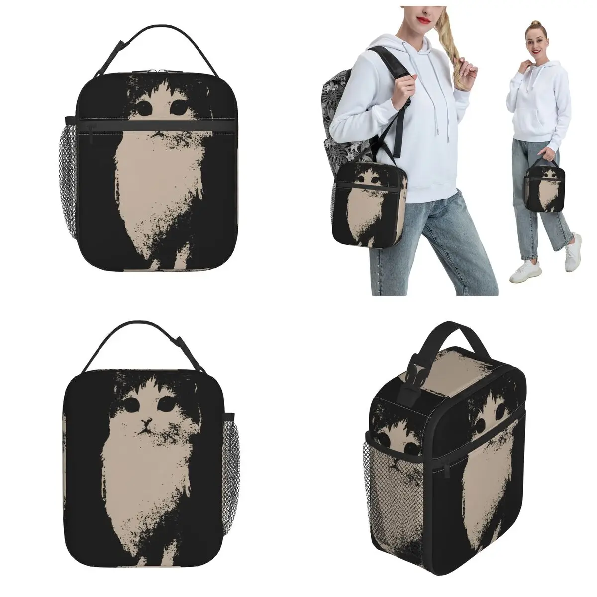 Meowl 고양이 빈티지 재미있는 Y2k 고양이 올빼미 보온 도시락 가방 쿨러 도시락 용기 누수 방지 토트 도시락 상자 소녀 소년 사무실 야외용